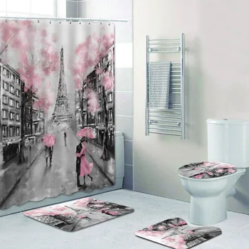 Elegants Rozā Parīzē Tower Dušu Aizkariem, Vannas istabas Aizkaru Komplekts 3D Ziedu Francijā Parīzes Gleznošanas Vannas Mat Paklājs Paklāju Mākslas Mājas Dekoru
