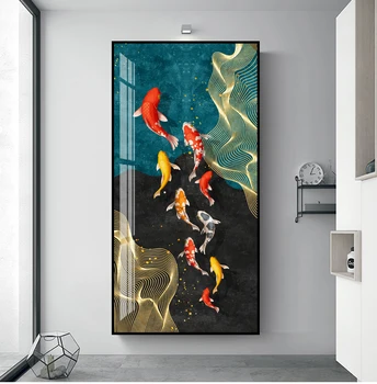 Ķīniešu Stilā Koi Audekla Apgleznošana Sienu Mākslas Laimīgs Deviņas Zivju Plakāti un Izdrukas Karpas Lotus Pond Bildes Dzīvojamā Istaba Dekori