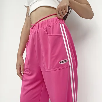 Y2K Estētika Rozā Vidū Viduklis, Garas Bikses E-meitene Streetwear Svītrainām Pārsējs Kabatas Atraisīts Bikses Hip Hop Apģērbs, 90s