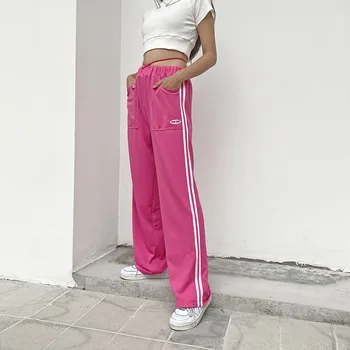 Y2K Estētika Rozā Vidū Viduklis, Garas Bikses E-meitene Streetwear Svītrainām Pārsējs Kabatas Atraisīts Bikses Hip Hop Apģērbs, 90s